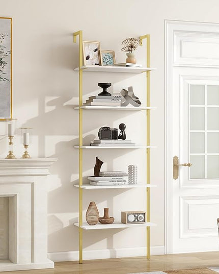 Panana Industrial 5 Tier Ladder Shelf, Open Space Book Shelf Wall Mount Bookshelf with Metal Frame Sturdy Bookcase for Living Room (White, 5 Tier) - LeafyLoom