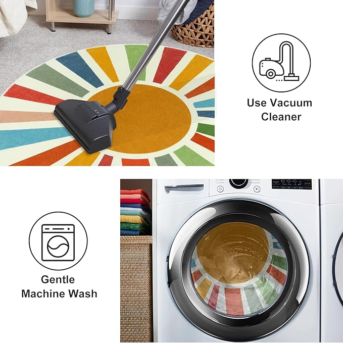 Small Round Rug 4 Ft Washable Round Rug for Kids Room, Colorful Sun Circle Rug for Playroom, Non-Slip Circular Office Carpet Soft Rainbow Rug for Bedroom Reading Corner Dorm - LeafyLoom