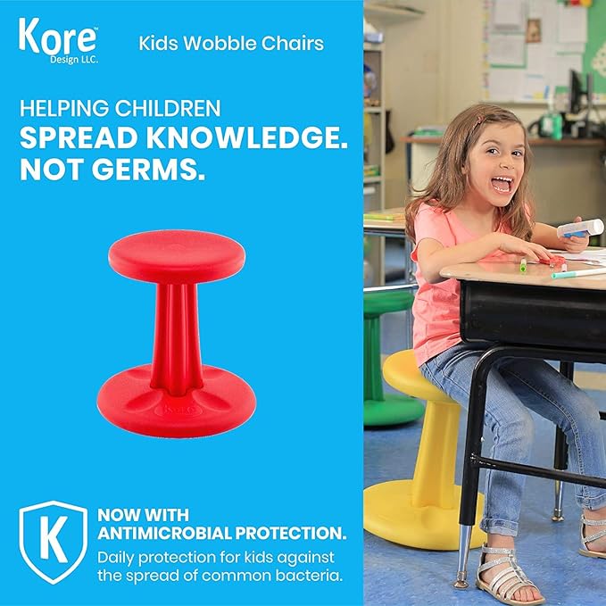 Kore Kids Wobble Chair - Flexible Seating Stool for Classroom & Elementary School, ADD/ADHD - Made in The USA - Age 6-7, Grade 1-2, Red (14in) - LeafyLoom