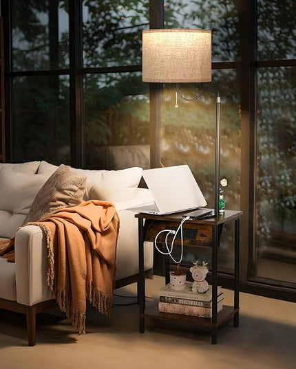 FIMEI Floor Lamp with Table, End Table with Charging Station USB Ports & Outlets, Bedside Table 3 Color Temperature Reading Light, Nightstand with Shelves for Living Room, Bedroom, Apartment - LeafyLoom