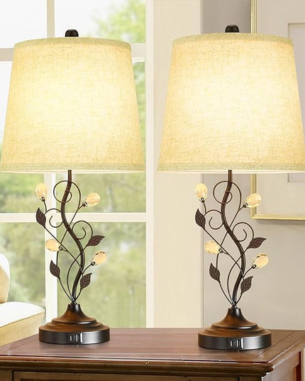 24.5in Farmhouse Table Lamps for Living Room Set of 2, Rustic Lamps for Bedroom with 2 USB Charging Ports, Traditional Bedside Lamps for Nightstand Retro Vine Leaf Lamps for End Table Reading - LeafyLoom