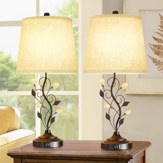 24.5in Farmhouse Table Lamps for Living Room Set of 2, Rustic Lamps for Bedroom with 2 USB Charging Ports, Traditional Bedside Lamps for Nightstand Retro Vine Leaf Lamps for End Table Reading - LeafyLoom
