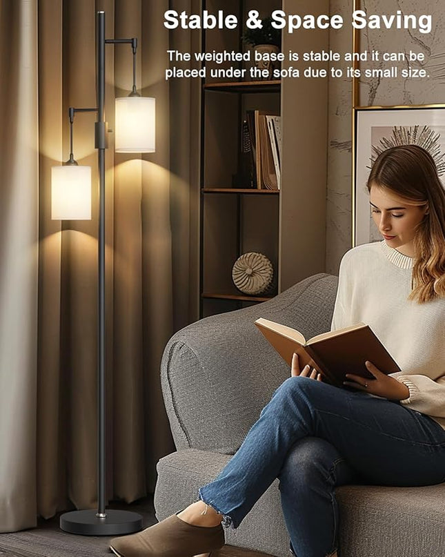 65IN Dimmable (Brightness Adjustable) Tree Floor Lamp, Mid Century Tall Standing Lamps with 2 E26 3000K LED Bulbs, Fabric Shades, Industrial Modern Floor Lamp for Living Room Bedroom - LeafyLoom