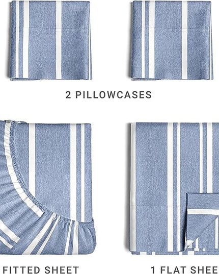 Full Size 4 Piece Sheet Set - Comfy Breathable & Cooling Sheets - Hotel Luxury Bed Sheets for Women & Men - Deep Pockets, Easy-Fit, Soft & Wrinkle Free Sheets - Blue Stripes Oeko-Tex Bed Sheet Set - LeafyLoom