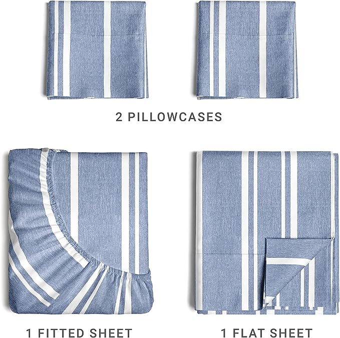 Full Size 4 Piece Sheet Set - Comfy Breathable & Cooling Sheets - Hotel Luxury Bed Sheets for Women & Men - Deep Pockets, Easy-Fit, Soft & Wrinkle Free Sheets - Blue Stripes Oeko-Tex Bed Sheet Set - LeafyLoom