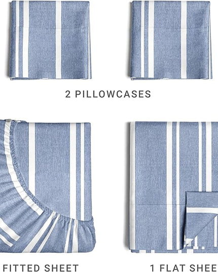 King Size 4 Piece Sheet Set - Comfy Breathable & Cooling Sheets - Hotel Luxury Bed Sheets for Women & Men - Deep Pockets, Easy-Fit, Soft & Wrinkle Free Sheets - Blue Stripes Oeko-Tex Bed Sheet Set - LeafyLoom
