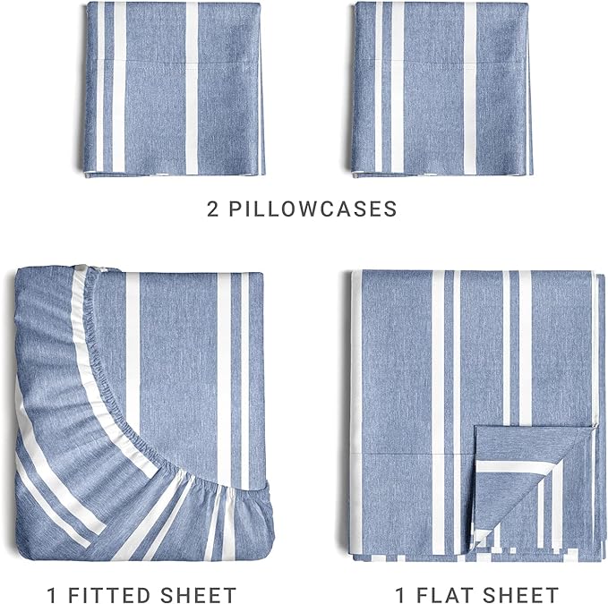 King Size 4 Piece Sheet Set - Comfy Breathable & Cooling Sheets - Hotel Luxury Bed Sheets for Women & Men - Deep Pockets, Easy-Fit, Soft & Wrinkle Free Sheets - Blue Stripes Oeko-Tex Bed Sheet Set - LeafyLoom