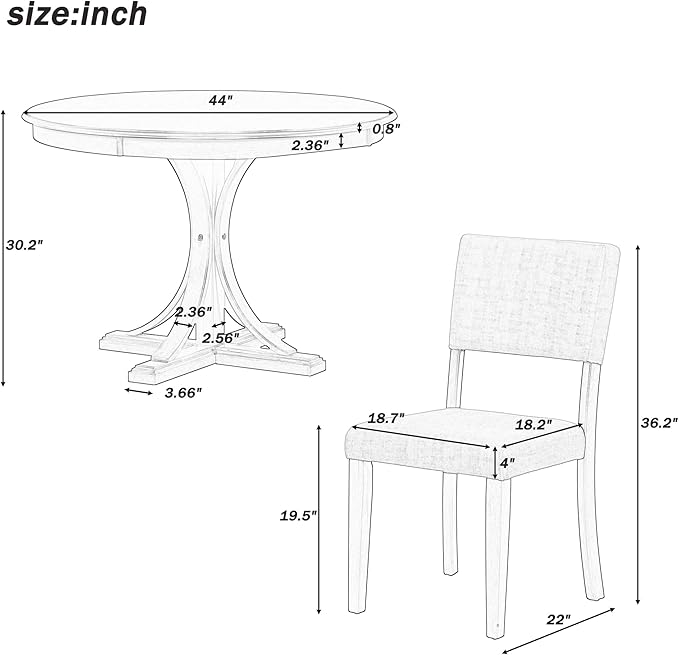 5-Piece Retro Round Dinette Sets Kitchen Dining Table with Curved Trestle Style Legs, 4 Upholstered Chairs, for Diningroom Living Room, Easy to Assemble, Taupe - LeafyLoom