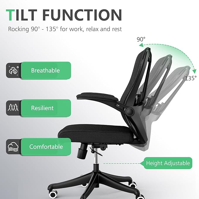 Office Chair with 350LBS Capacity, Ergonomic Comfort Home Desk Chair, Mid Back Gaming Chair with Wheels, Adjustable Height, Lumbar Support, Flip-up Armrest - LeafyLoom