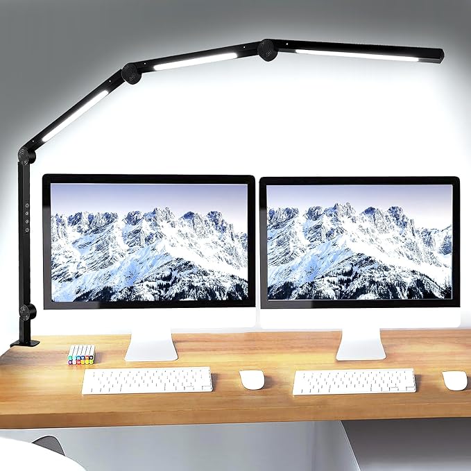 LED Desk Lamp with Clamp Flexible 4 sections Swing Arm Three light sources desk light, 4 Color Modes & 5 Brightness, Eye Caring Led table light with Memory Function for table lamps for office - LeafyLoom