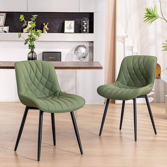 YOUNUOKE Dining Chairs Set of 2 Mid Century Modern Kitchen Chair Comfortable Upholstered Faux Leather Dinner Chairs for Kitchen Dining Room, Olive - LeafyLoom