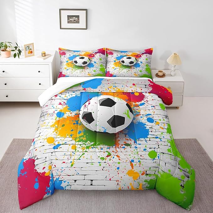 Feelyou Football Bedding Set Rugby Sports Comforter Set Soccer Ball Game Comforter for Boys Girls Teens Decor Gift for Football Lover Duvet Set King Size with 2 Pillow Case Boys - LeafyLoom