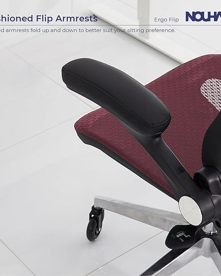 Nouhaus Ergonomic Mesh Office Chair with Flip Armrest, Adjustable Headrest, Lumbar Support & Blade Wheels, Executive Swivel Desk Computer Chair, Gaming Chair(ErgoFlip, Burgundy) - LeafyLoom