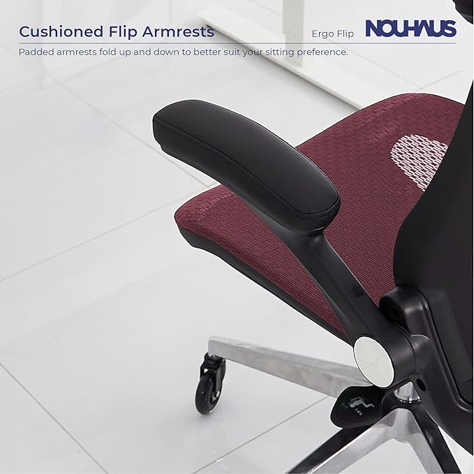 Nouhaus Ergonomic Mesh Office Chair with Flip Armrest, Adjustable Headrest, Lumbar Support & Blade Wheels, Executive Swivel Desk Computer Chair, Gaming Chair(ErgoFlip, Burgundy) - LeafyLoom