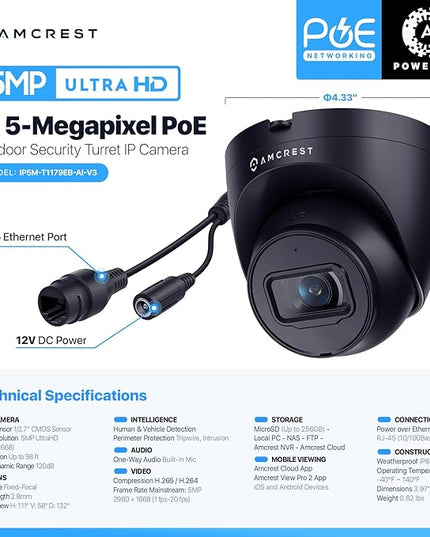 Amcrest 5MP Turret POE Camera, UltraHD Outdoor IP Camera POE with Mic/Audio, 5-Megapixel Security Surveillance Cameras, 98ft NightVision, 132° FOV, IP67, MicroSD (256GB) Black IP5M-T1179EB-AI-V3 Amcrest