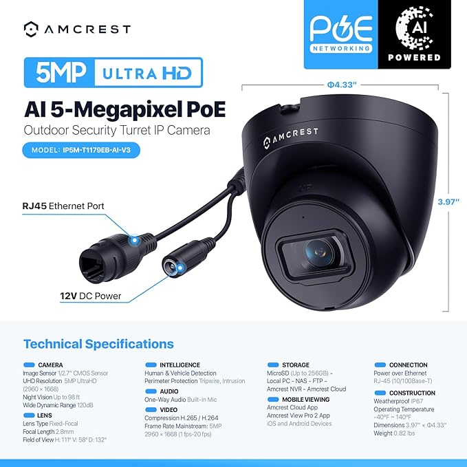 Amcrest 5MP Turret POE Camera, UltraHD Outdoor IP Camera POE with Mic/Audio, 5-Megapixel Security Surveillance Cameras, 98ft NightVision, 132° FOV, IP67, MicroSD (256GB) Black IP5M-T1179EB-AI-V3 Amcrest