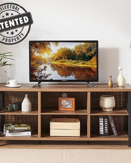 LVB Rustic Entertainment Center for 65 Inch TV, Industrial Wood and Metal TV Stand with Storage Shelf, Modern Television Media Console Table with Cabinet for Living Room Bedroom, Rustic Oak, 55 Inch - LeafyLoom