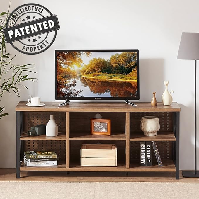 LVB Rustic Entertainment Center for 65 Inch TV, Industrial Wood and Metal TV Stand with Storage Shelf, Modern Television Media Console Table with Cabinet for Living Room Bedroom, Rustic Oak, 55 Inch - LeafyLoom