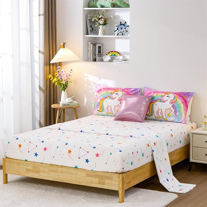 Aimuan Girls Unicorn Comforter Set 6 Pieces Pink Purple Bedding Set with Rainbow Star Galaxy Stars Fantasy Children Room Decor Soft Reversible Bed Sets for Boys/Girls/Teens (Rainbow Full6Pcs) - LeafyLoom