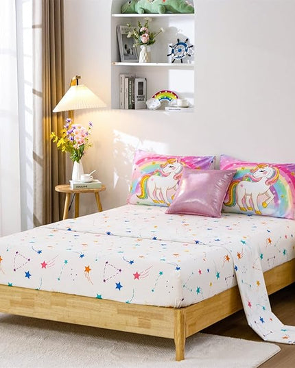 Aimuan Girls Unicorn Comforter Set 6 Pieces Pink Purple Bedding Set with Rainbow Star Galaxy Stars Fantasy Children Room Decor Soft Reversible Bed Sets for Boys/Girls/Teens (Rainbow Twin6Pcs) - LeafyLoom