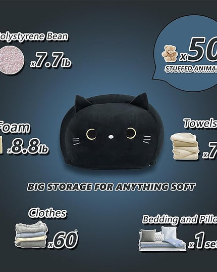 Stuffed Animal Storage Bean Bag Chair Cover for Kids Black Cat Beanbag Chair for Girls Large Size Toy Organizer Cover Only Without Filling - LeafyLoom