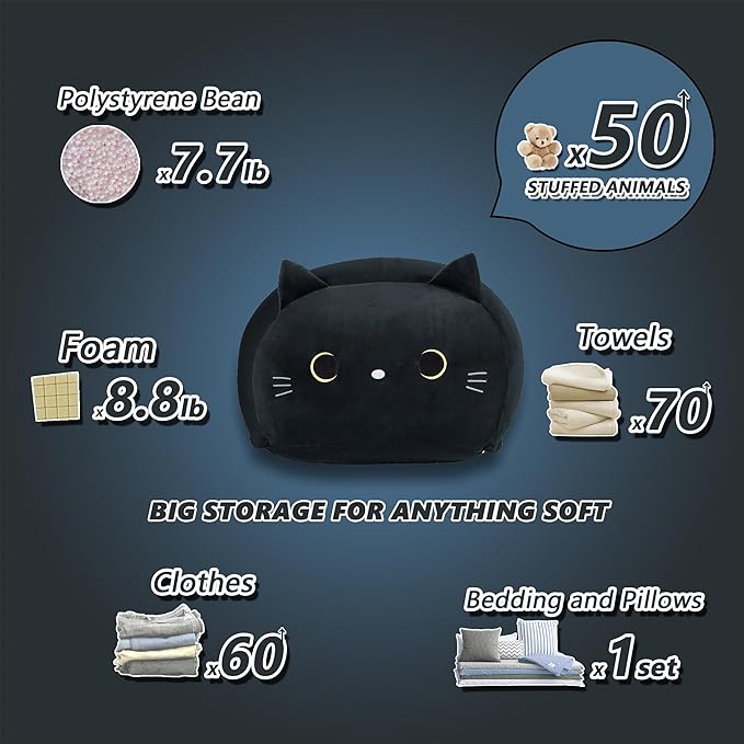 Stuffed Animal Storage Bean Bag Chair Cover for Kids Black Cat Beanbag Chair for Girls Large Size Toy Organizer Cover Only Without Filling - LeafyLoom