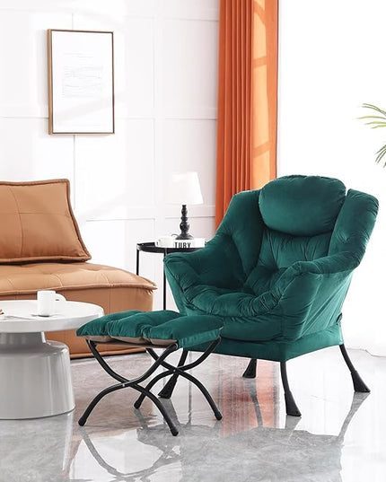 Lazy Chair and Ottoman, Large Accent Lounge Chair with Armrests and a Side Pocket, Modern Leisure Upholstered Sofa Reading Armchair with Footrest for Bedroom, Living Room, Dorm Rooms, Office - LeafyLoom