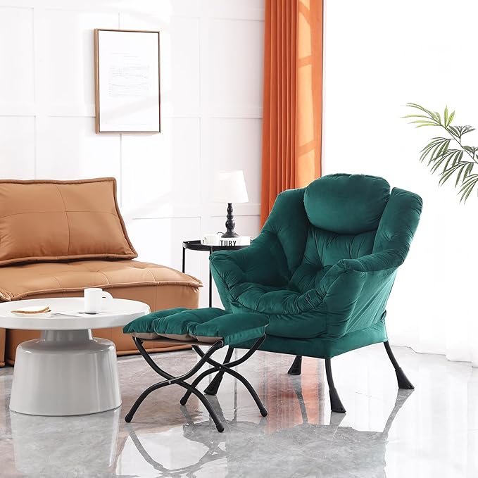 Lazy Chair and Ottoman, Large Accent Lounge Chair with Armrests and a Side Pocket, Modern Leisure Upholstered Sofa Reading Armchair with Footrest for Bedroom, Living Room, Dorm Rooms, Office - LeafyLoom