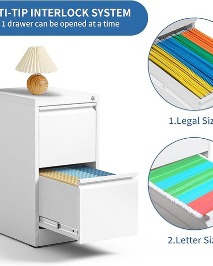 2 Drawer File Cabinet with Lock, Metal Vertical Filing Cabinets for Home Office, Steel Storage Cabinet for Hanging Legal/Letter Size Files, Assembly Required (White) - LeafyLoom