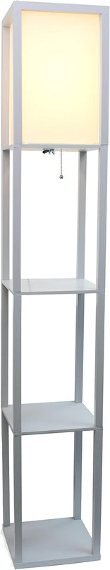 Simple Designs LF1014-GRY-LB Three Shelf Etagere Organizer Storage Floor Lamp with White Linen Shade for Living Room, Bedroom, Office, Hallway, Gray, with Feit LED Bulb Included - LeafyLoom