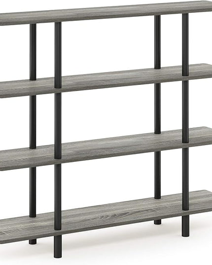 Furinno 5-Tier Round Tube Shelf and 4-Tier Wide Display Shelf, French Oak Grey/Black - LeafyLoom