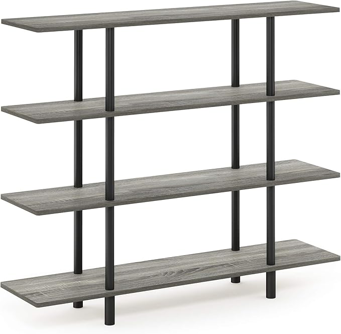 Furinno 5-Tier Round Tube Shelf and 4-Tier Wide Display Shelf, French Oak Grey/Black - LeafyLoom