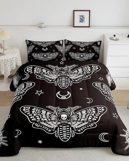 Feelyou Boys Boho Moth Comforter Set Twin Size Men Gothic Skull Bedding Set for Girls Women Bedroom Decor Bohemian Moon Star Comforter Personalized Moth Skull Skeleton Bones Duvet Set Teens Quilt Set - LeafyLoom