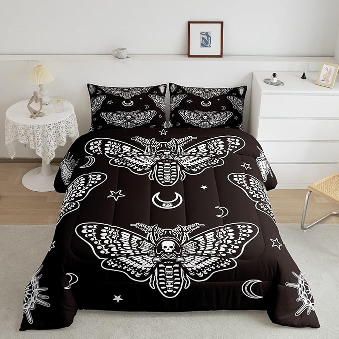 Boys Boho Moth Comforter Set Queen Size Men Gothic Skull Bedding Set for Girls Women Bedroom Decor Bohemian Moon Star Comforter Personalized Moth Skull Skeleton Bones Duvet Set Teens Quilt Set - LeafyLoom