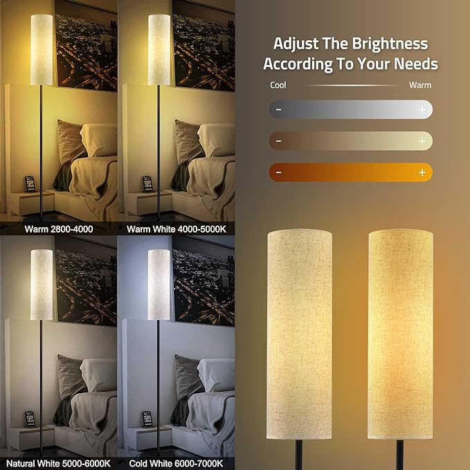 RGB Floor Lamp LED Smart: Standing Lamp Work with Alexa & Google Home | Tall Modern Bright Corner Lamps with Remote & WiFi APP for Living Room Bedroom Office Dorm, Simple Linen Lampshade Dimming Light - LeafyLoom