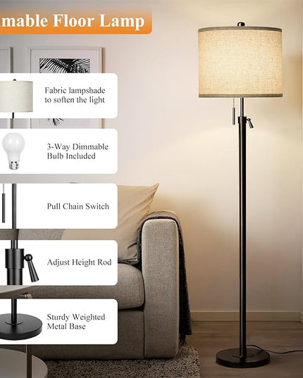 Adjustable Height Floor Lamp for Living Room, Black Standing Lamp, Floor Lamp for Bedroom Office, Modern Tall Floor Lamp with Linen Shade, 3-Way Dimmable 8W 3000K LED Blub Included (Black) - LeafyLoom