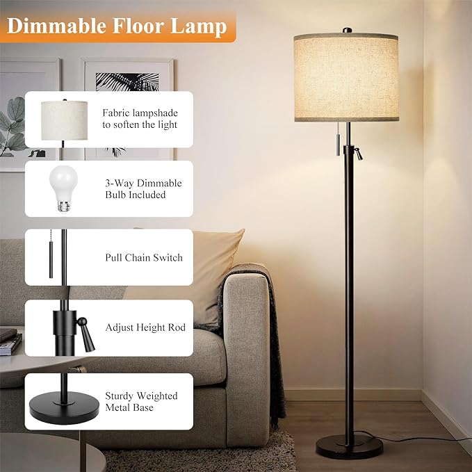 Adjustable Height Floor Lamp for Living Room, Black Standing Lamp, Floor Lamp for Bedroom Office, Modern Tall Floor Lamp with Linen Shade, 3-Way Dimmable 8W 3000K LED Blub Included (Black) - LeafyLoom