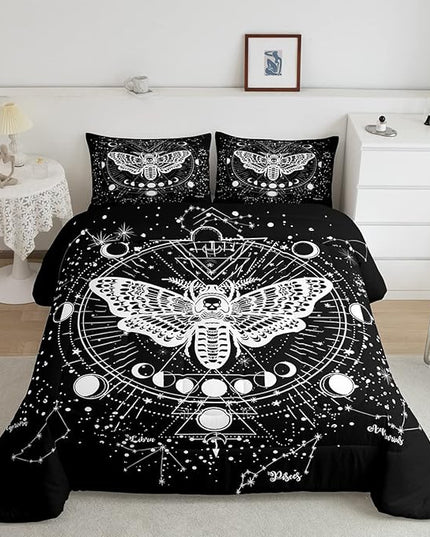 Kids Boho Moth Comforter Set Queen Boys Gothic Skull Bedding Set For Men Women Bedroom Decor Bohemian Moon Starry Sky Comforter Exotic Moth Skull Skeleton Bones Duvet Set Teens Quilt Set, Black White - LeafyLoom