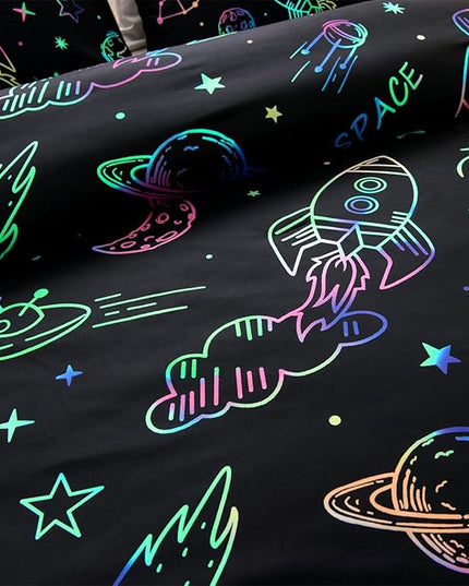Aimuan Space Bedding Twin Bed Comforter Kids Rocket Bedding Set Super Soft & Cute Aliens UFO Printed for Boys Girls Teen (Black, Twin) - LeafyLoom