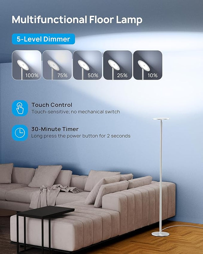 TROND Floor Lamp, Bright Sunlight Lamp, LED Torchiere Standing Light Dimmable, Modular 71-inch Tall Aluminum Pole with Adjustable Height, 5500K Natural Daylight, 30 Mins Timer for Living Room Bedroom - LeafyLoom