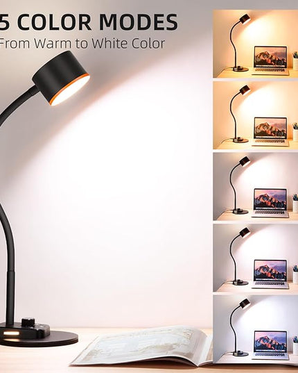 Desk Lamp, LED Desk Lamp with USB C + A Charging Ports, 5 Colors Fully Dimmable Eye Care Reading Lamp for Bedside Table Full Metal Efficient Gooseneck Table Lamp for Home Office Black - LeafyLoom