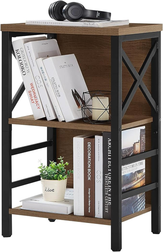 Bookcase, Industrial Small Bookshelf,3-Tier Bookcase Storage Organizer, Small Book Shelf for Small Spaces, Living Room, Bedroom and Home Office, Brown - LeafyLoom