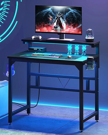 Gaming Desk with Power Outlets & LED Strip Lights,80CM Industrial Writing Desk with Adjustable Monitor Stand, Cupholder and Headphone Hook for Home Office Black - LeafyLoom