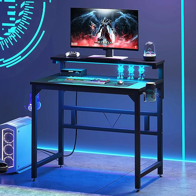 Gaming Desk with Power Outlets & LED Strip Lights,80CM Industrial Writing Desk with Adjustable Monitor Stand, Cupholder and Headphone Hook for Home Office Black - LeafyLoom