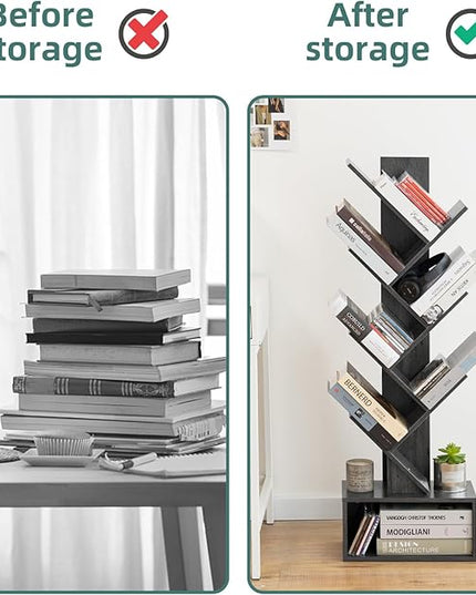 Yoobure Tree Bookshelf - 6 Shelf Retro Floor Standing Bookcase, Tall Wood Book Storage Rack for CDs/Movies/Books, Utility Book Organizer Shelves for Bedroom, Living Room, Home Office, Dark Grey - LeafyLoom