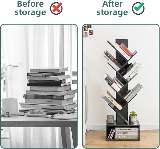 Yoobure Tree Bookshelf - 6 Shelf Retro Floor Standing Bookcase, Tall Wood Book Storage Rack for CDs/Movies/Books, Utility Book Organizer Shelves for Bedroom, Living Room, Home Office, Dark Grey - LeafyLoom