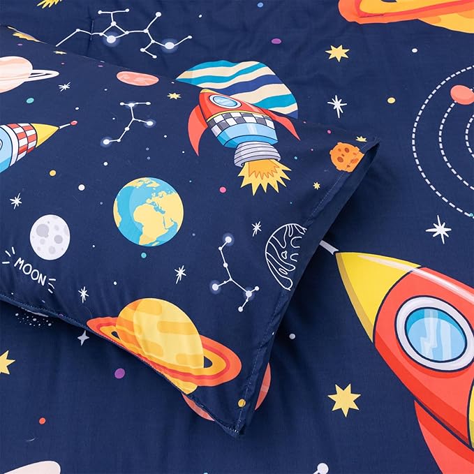 Aimuan Space Comforter Twin Set Kids Rocket Bedding Set Super Soft & Cute Aliens UFO Printed for Boys Girls Teen (Navy, Twin 5Pcs) - LeafyLoom