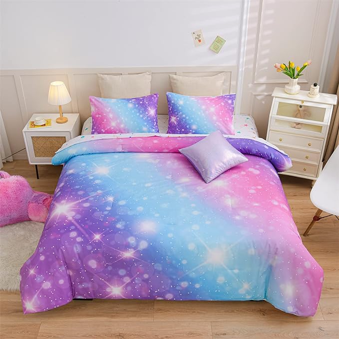 A Nice Night 6Pcs Gradient Glitter Bedding Set for Girls, Colorful Rainbow Galaxy Comforter Set, Ultra Soft Bedding Sets (Purple,Queen 6Pcs) - LeafyLoom