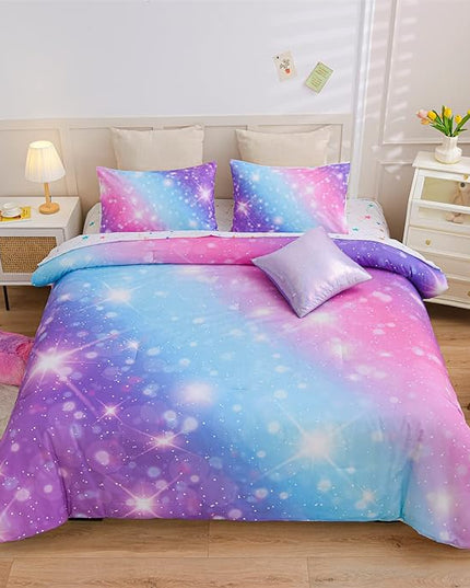 A Nice Night 6Pcs Gradient Glitter Bedding Set for Girls Full Size, Colorful Rainbow Galaxy Comforter Set, Ultra Soft Bedding Sets, Purple - LeafyLoom