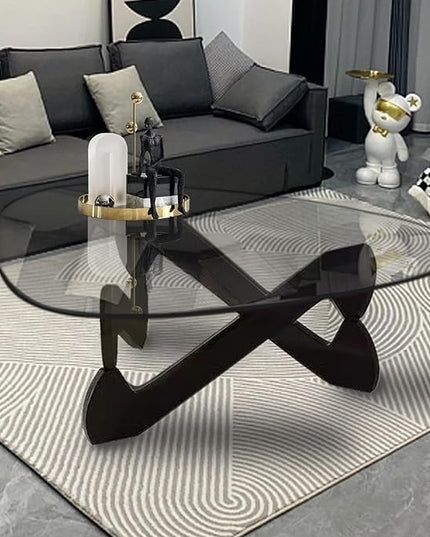 Mid-Century Modern Triangle Coffee Table, Clear Glass with Solid Wood Base, Black-Transparent, 32.3in - LeafyLoom